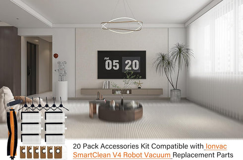 20 Pack Accessories Kit For ionvac SmartClean V4 Robovac Robotic Vacuum Cleaner Replacement Parts, 1 Main Roller Brush, 6 Side Brushes, 6 Hepa Fil...