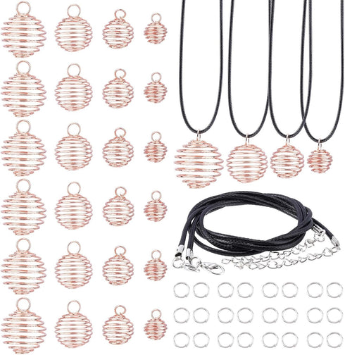 PH PandaHall 24pcs 4 Sizes Spiral Bead Cages Pendants Stone Holder Necklace Cage 24 Strands 17 Inch Black Leather Necklace Cord 50pcs 6mm Open Jum...