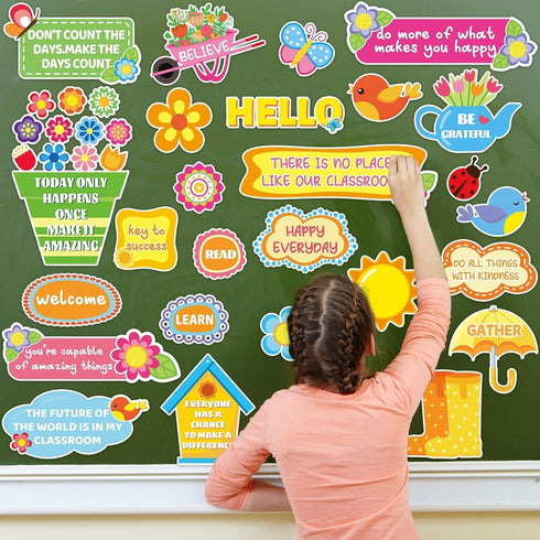 42 Pcs Spring Summer Bulletin Board Set Classroom Decorations Blooming Floral Positive Sayings Bulletin Boards Inspirational Cutouts Border for Sc...