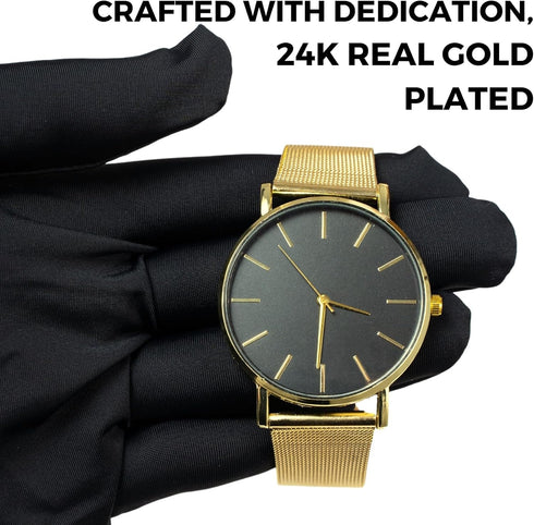 Halukakah Minimalist Stainless Steel Men's Watch - 24k Real Gold Plated/Platinum Plated Silver/Rhodium Plated Black Watch Band,Black Dial.Comes wi...