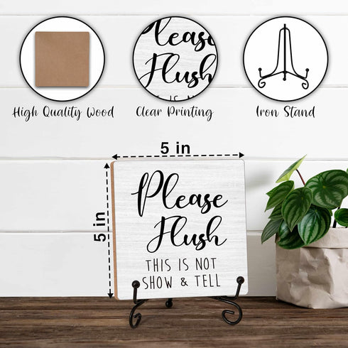Bathroom Decor Wood Sign, Please Flush Funny Toilet Wood Block, 5x5 Inch Wood Sign Comes With Iron Stand, Perfect For Home Bathroom Toilet Restroo...