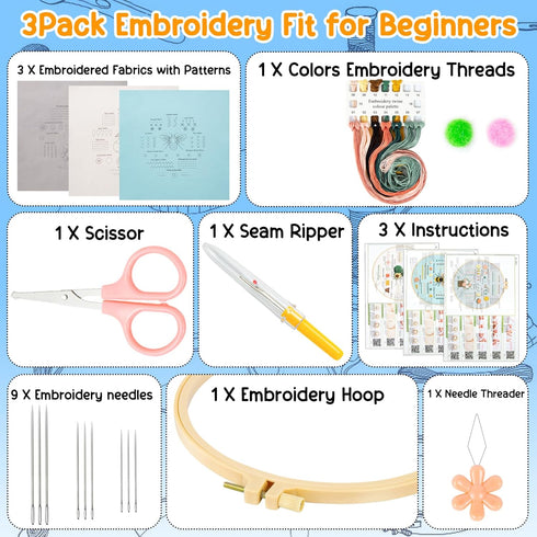 Ponpon 3 Sets Embroidery Kit for Beginners, Embroidery Kit for Adults with Follow Instruction, Cross Stitch Kits with Wooden Embroidery Hoops (Stl...