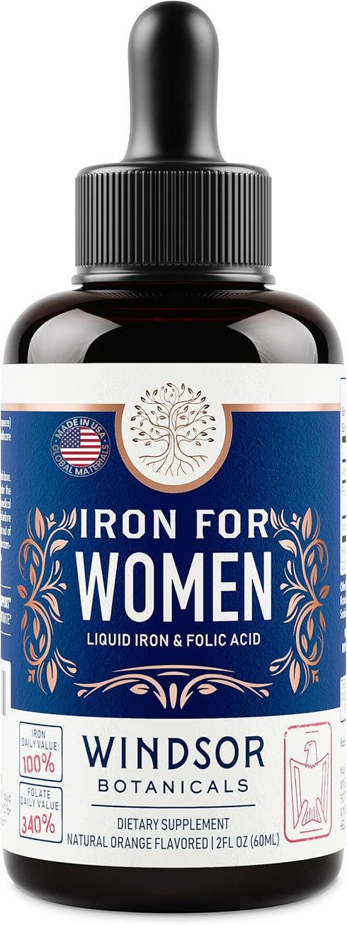 WINDSOR BOTANICALS Liquid Iron Supplements for Anemia - Folic Acid, Vitamin C, Vegan Iron Blood Builder and Anemia Supplement - 2 oz Orange Flavor...