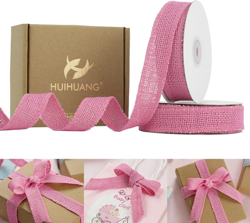 HUIHUANG Pink Burlap Ribbon 1 inch x 20 Yards Natural Jute Burlap Ribbon for Gift Wrapping Thick Burlap Ribbons for Baby Shower Decor Crafts Chris...