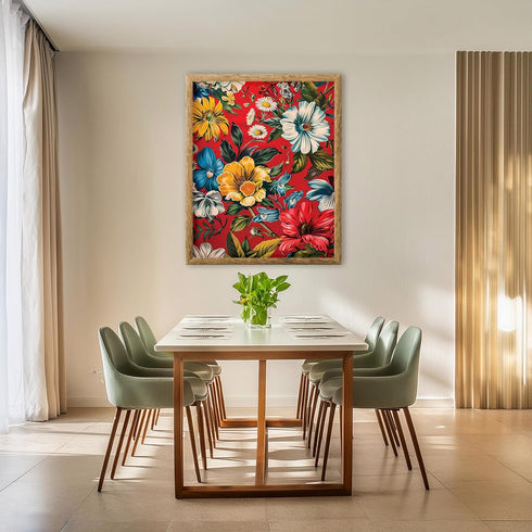 Posterizer 1 pcs-vibrant pretty flowers with red background-Floral & Botanical Art-Abstract & Modern Art-Decor for Home & Office- UNFRAMED Wall Ar...