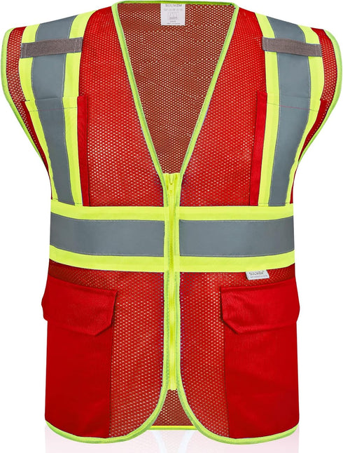High Visibility Reflective Safety Vest with Zipper and Pockets Red,XXL...