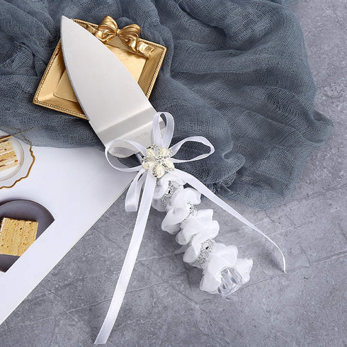 TANG SONG Stainless Steel Elegant Wedding Cake Knife and Serving Set Resin Plastic Handle Pearl Flower Shape with Lace Wedding Cake Knife and Shov...