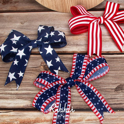 Ribbli Patriotic Ribbon Wired,2 Rolls Navy Star and Red Stripe Burlap Ribbon,1-1/2 Inch Total 60 Feets(20 Yards),Patriotic Ribbon for Crafts,Wreat...