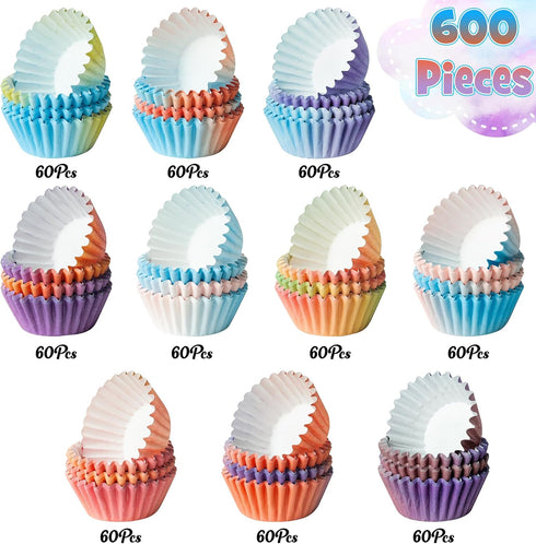 Mini Cupcake Paper Liner - 600pcs Gradient Pastel Baking Cups Muffin Cupcake Wrappers, Purple Blue Orange Cake Chocolate Candy Wrap Supplies for B...