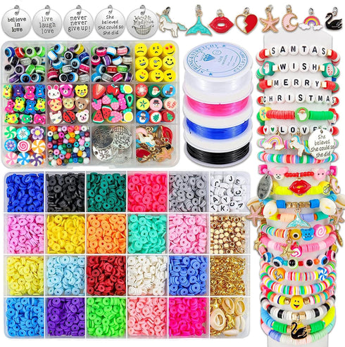 Wakestar Clay Beads Bracelet Making Kit,Flat Round 6mm Clay Beads for Jewelry Making with Pendant Charms Kit,Art Crafts Gift Sets for Girls Ages 3...