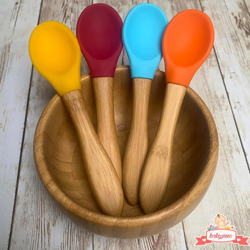 Baby Spoons Bamboo Feeding Spoon 5.5" with Silicone Tip BPA Free Toddler Food Spoons Yellow 2 PACK...