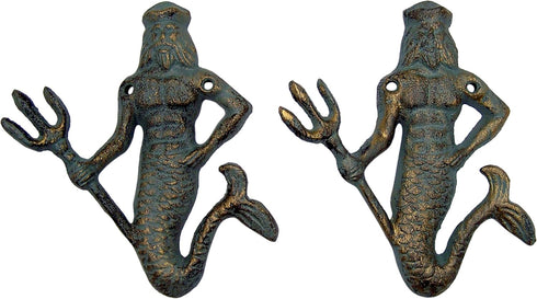 Wowser Green Cast Iron King Neptune Wall Hooks, Set of 2, 6.5 Inches...