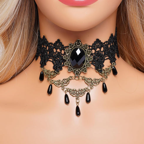 5 Set Halloween Black Necklaces Lace Neck Choker Steampunk Goth Gothic Neck Chain Collar Elegant Pendant for Wedding Party Cosplay Christmas...