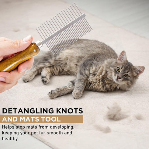 Takavu Detangling Pet Comb, Double-Sided Stainless Steel Teeth for Grooming Pets Hair, Fur Detangling Pins Safely Remove Knots & Tangles for Healt...