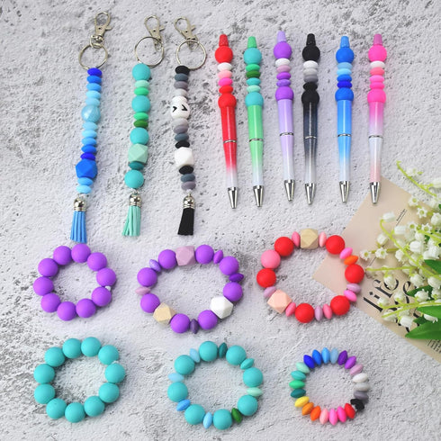 130PCS Silicone Beads for Keychain Making Kit 15mm Silicone Beads Bulk Round Rubber Beads Loose Beads for Pens DIY Necklace Bracelet Making (Straw...
