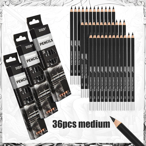 Geyoga 36 Pcs Professional Charcoal Pencils Soft,medium and Hard for Drawing Charcoal Pencils Drawing Set Drawing Pencils for Sketching Shading Dr...