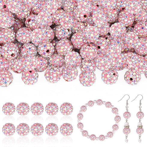 160pcs 10mm Rhinestone Beads for Crafting, Pink AB Shiny Round Shamballa Disco Ball Beads Bulk, Fancy Sparkle Crystal Clay Bead for Necklace Brace...
