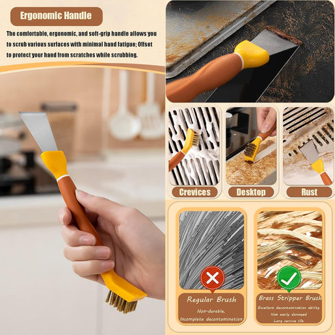 Copper Wire Brush with Scraper - 2-in-1 Dual-Head Cleaning Tool for Kitchen, Bathroom, Garage and More - Ergonomic TPR Handle (Green)...