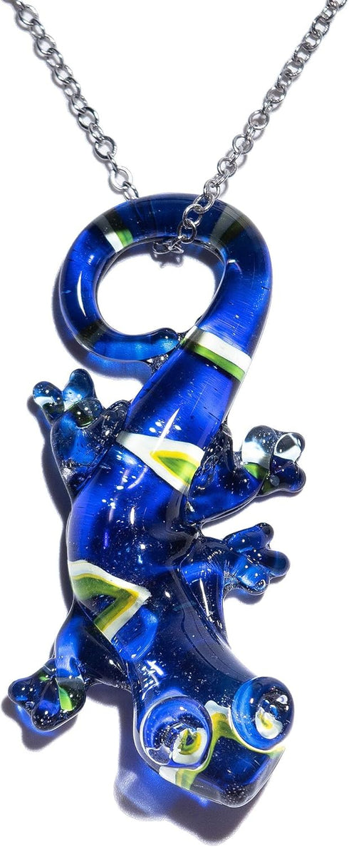 Handmade Large Blue Lizard Art Glass Blown Animal Figurine Pendant Necklace Jewelry...