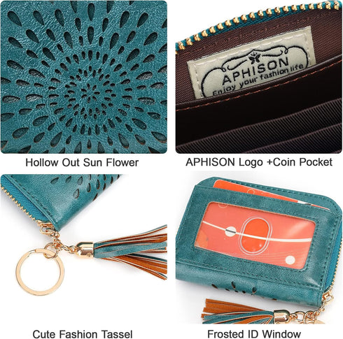 APHISON RFID Credit Card Holder Zipper Card Case Keychain Small Wallet for Women 1927 PEACOCK-BLUE...
