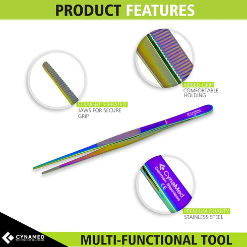 Cynamed 10” Kitchen Premium Tongs Tweezers Stainless Steel, Long with Precision Serrated Tips (Rainbow)...