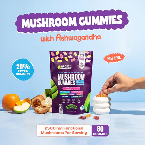 Ashwagandha & Lion's Mane Supplement Gummies - Comprehensive Mushroom Supplement for Cognitive & Immune Support, Vegan Blend with Reishi, Cordycep...