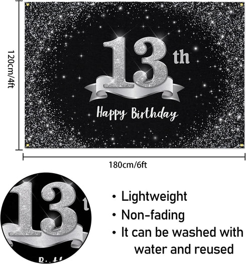 HAMIGAR 6x4ft Happy 13th Birthday Banner Backdrop - 13 Years Old Birthday Decorations Party Supplies for Girls Boys - Black Silver...