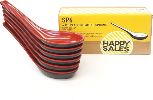 Happy Sales Melamine Soba, Rice Spoons, Chinese Won Ton Soup Spoon, Asian Red and Black, 6 Pack Plain Style...