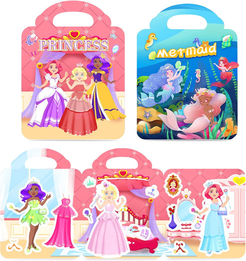2 Pack Reusable Sticker Book, Princess and Mermaid Stickers for Kids Activity Travel Removable Sticker Books for Girls Boys Educational Learning T...