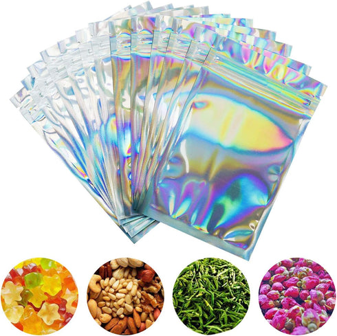 100 Pieces Smell Proof Bags - 3x5 Inches Resealable Mylar Bags Clear Zip Lock Food Candy Storage Bags Holographic Rainbow Color...