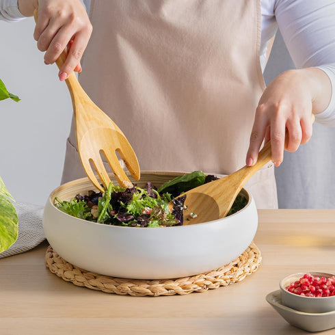 Dehaus® Large Premium Bamboo Salad Tongs - Eco Friendly Wooden Serving Spoons - Salad Serving Utensils - Salad Tosser Forks - Giant Wood Salad Ser...