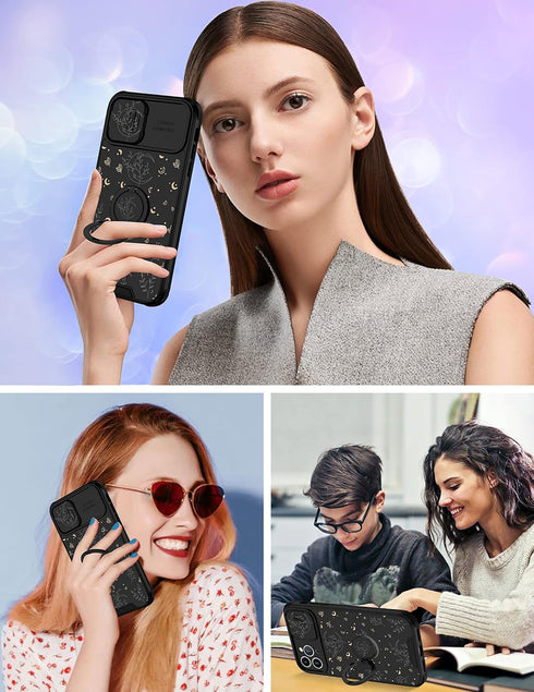 Goocrux (2in1 for iPhone 12 Pro Case Moon Plants for Women Girls Cute Phone Cover Flower Heart Stars Space Design with Slide Camera Cover+Ring Hol...