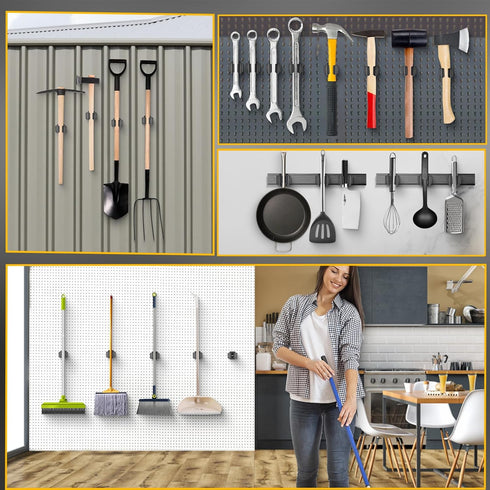 Upgraded Magnetic Broom and Mop Holder Wall Mount, Space-Saving Heavy Duty No Drill Over the Door Broom Gripper RV Camper Wall Organizer,Black,2 P...