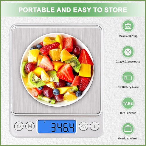 Digital Kitchen Scale – Battery Operated Highly Accurate Stainless Steel Abs Plastic Food Scale - Full Tare Function in 3kg/0.1g Gm and Oz for Wei...