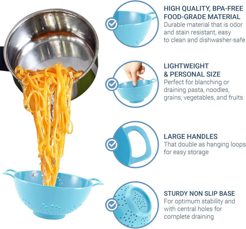 6-in Colander, Dual Handles, BPA-Free, Dishwasher Safe Compact Food Strainer for Fruits, Veggies and Pasta, 3-Cup Capacity, Red and Blue, 2-Pack...