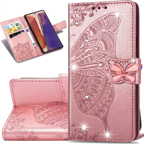 ZYZX Samsung Galaxy Note 20 Ultra Wallet Case, Rhinestone Rose Gold, Butterfly Flower Design, PU Leather, Flip Case with Card Slots, Magnetic Buck...