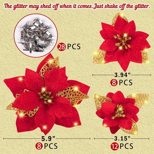 Geefuun 28PCS Christmas Tree Decorations: Poinsettias Artificial Flowers Ornaments Xmas Red Glitter Flower with Clips,3 Sizes Not Included Stems...