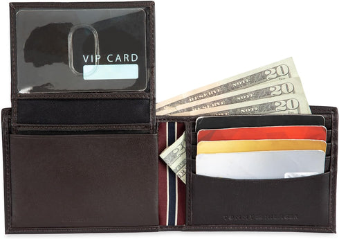 Tommy Hilfiger Men's Leather Wallet - Thin Sleek Casual Bifold with 6 Credit Card Pockets and Removable ID Window, British Brown...