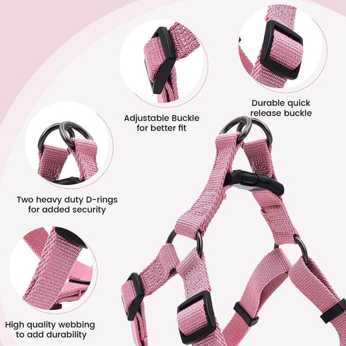 Pink Dog Harness and Leash Set, Adjustable Soft Breathable Bamboo Fabric Gentle Comfortable Control Harness & Pet Leash with Easy Snap Hook for La...