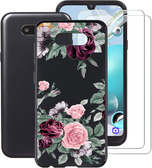 Case + 2 Screen Protector for LG K31 Rebel (5.70"), Ultra-Thin Black Soft Silicone TPU Phone Case Bumper Shock-Absorption Cover with Tempered Glas...