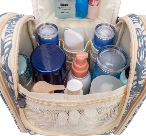 Narwey Hanging Toiletry Bag Women Travel Makeup Bag Organizer Toiletries Bag for Travel Size Essentials Accessories Cosmetics (Medium, Blue Leaf-1...