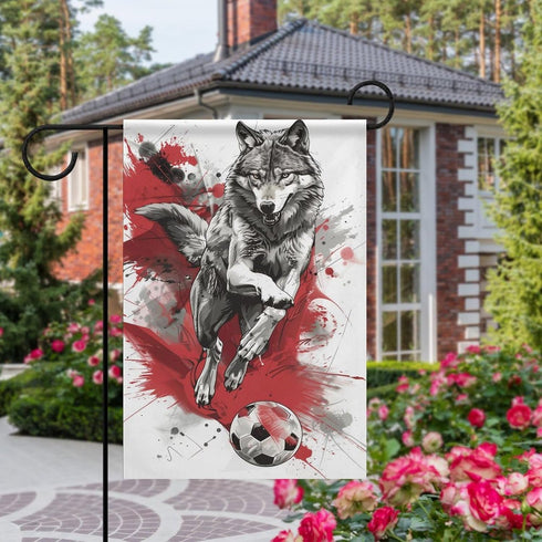 Wolf Playing Soccer Garden Flag Silver And Black House Yard Flag Seasonal Holiday Outside Holiday Decoration Home Decor Double Sided Flag 12x18inc...