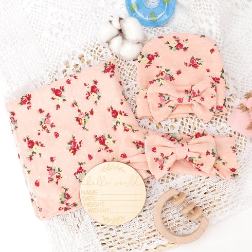 DRESHOW BQUBO Baby Girl Newborn Floral Receiving Blankets with Bow Hat Headband Wooden Birth Announcement Card Set Newborn Baby Swaddling Hats Sle...