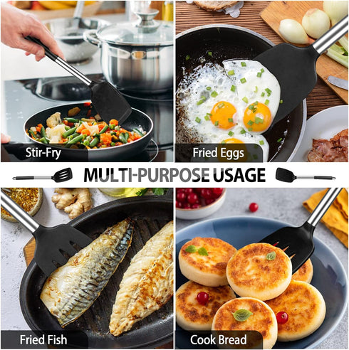 Pack of 4 Large Silicone Cooking Spatulas and Spoons, Slotted and Solid Stainless Steel Cooking Utensils Set, Non-stick Heat Resistant Kitchen for...