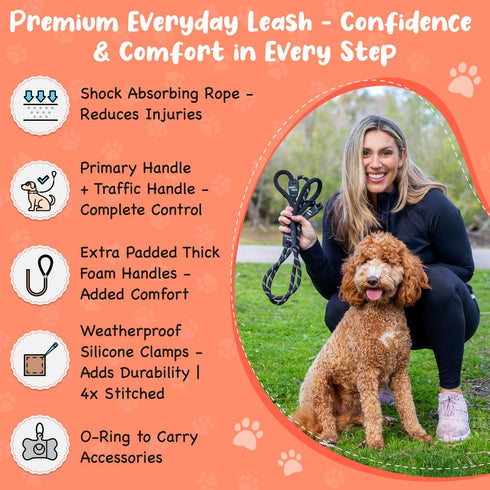 6 Foot Dog Leash, 2 Extra Padded Handles, Lockable Metal Carabiner Clip, Durable Silicone Clamps, Reflective No Pull Heavy Duty Rope Lead, Walking...