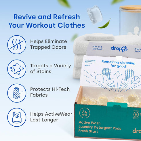 Dropps Activewear Biobased Power Laundry Detergent Pods, Crisp Breeze (64 Tablets) - Laundry Pods Fights Tough Stains & Odors, Sweat & Dirt - HE C...