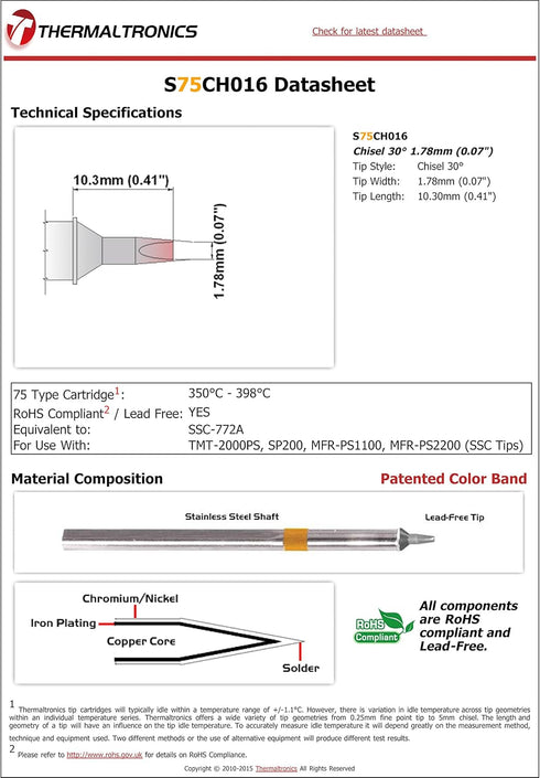Thermaltronics S75CH016 Chisel 30deg 1.78mm (0.07in) interchangeable for Metcal SSC-772A...