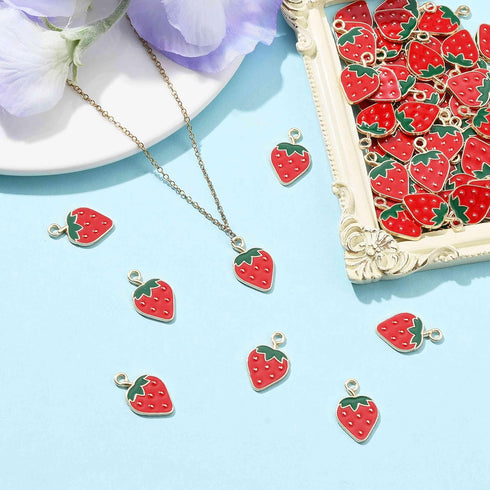 DanLingJewelry 100 pcs Gold Plated Strawberry Charms Enamel Charms Pendants for Jewelry Making or DIY Crafts...