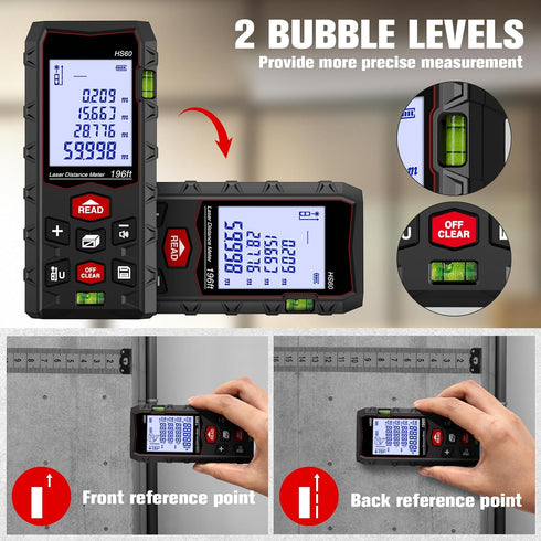 Laser Measure 196ft, Charcity Laser Distance Meter 60M(M/in/F) with 2 Bubble Levels, Mute Function IP54 Waterproof Large LCD Backlit, for Pythagor...