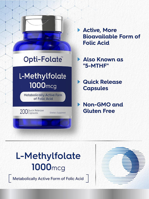 Carlyle L Methylfolate 1000mcg | 200 Capsules | Value Size | Optimized and Activated | Non-GMO, Gluten Free | Methyl Folate, 5-MTHF | by Opti-Fola...